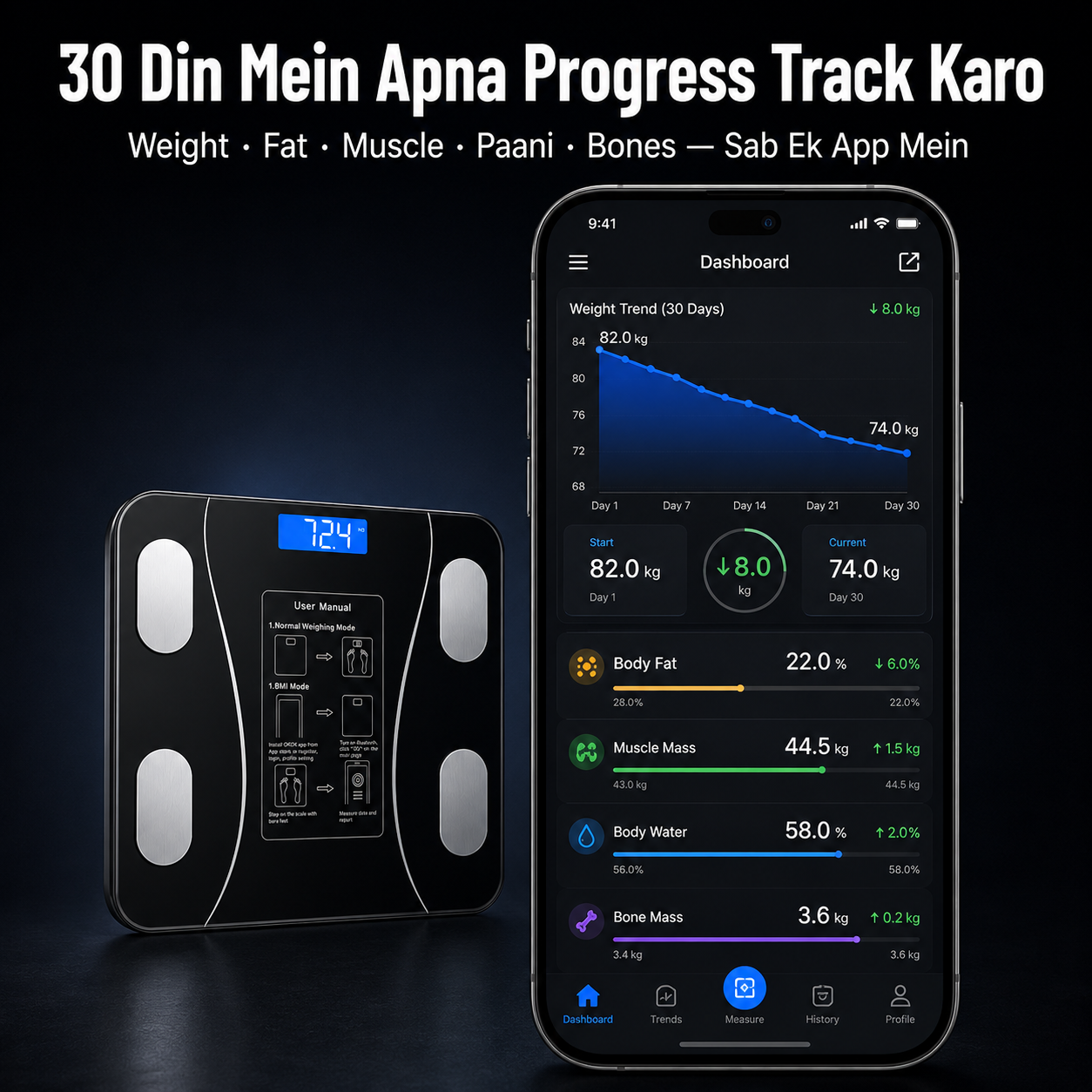Smart scale and smartphone app displaying health metrics on a dark background