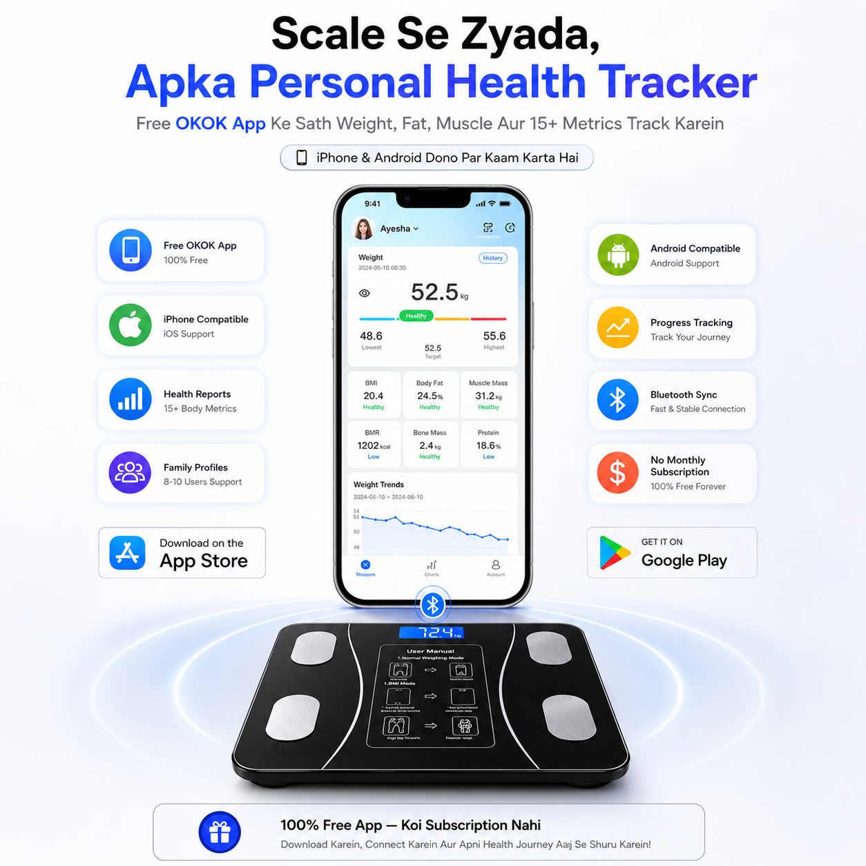 Personal health tracker with app on smartphone displaying health metrics.