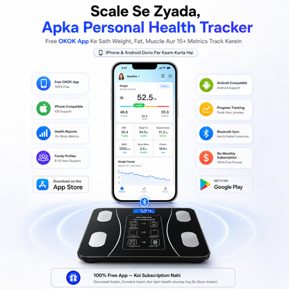 Personal health tracker with app on smartphone displaying health metrics.
