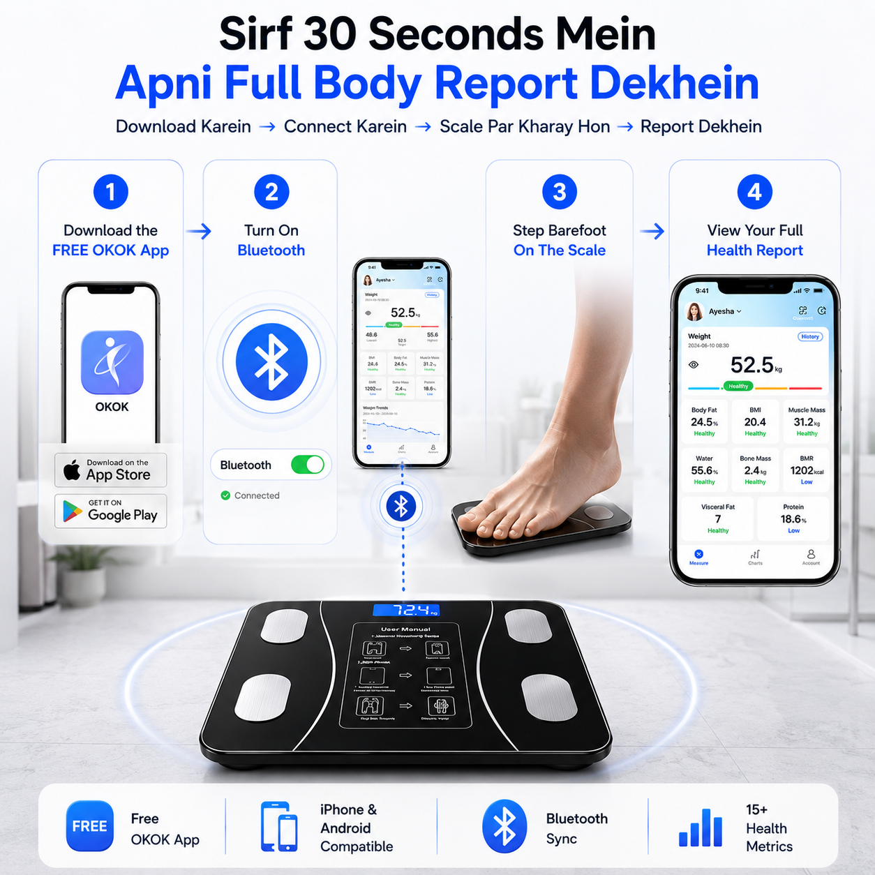 Smart Bluetooth Body Composition Scale – 17+ Health Metrics